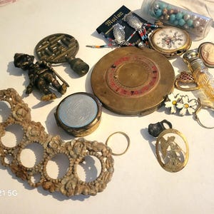 Antique Vintage Junk Drawer Lot  Brass Compact 10k Band Jewelry Beads Perfume Pill Box and More!