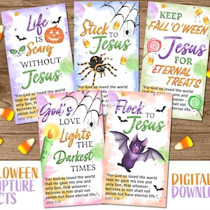 Cartões com versículos bíblicos do Evangelho Cristão de Halloween para distribuir com doces, João 3:16, download em PDF, Trunk or Treat