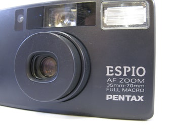 Rare Pentax ESPIO AF Zoom Full Macro 35mm Point & Shoot Camera with Data Back, Custom Case, and Strap