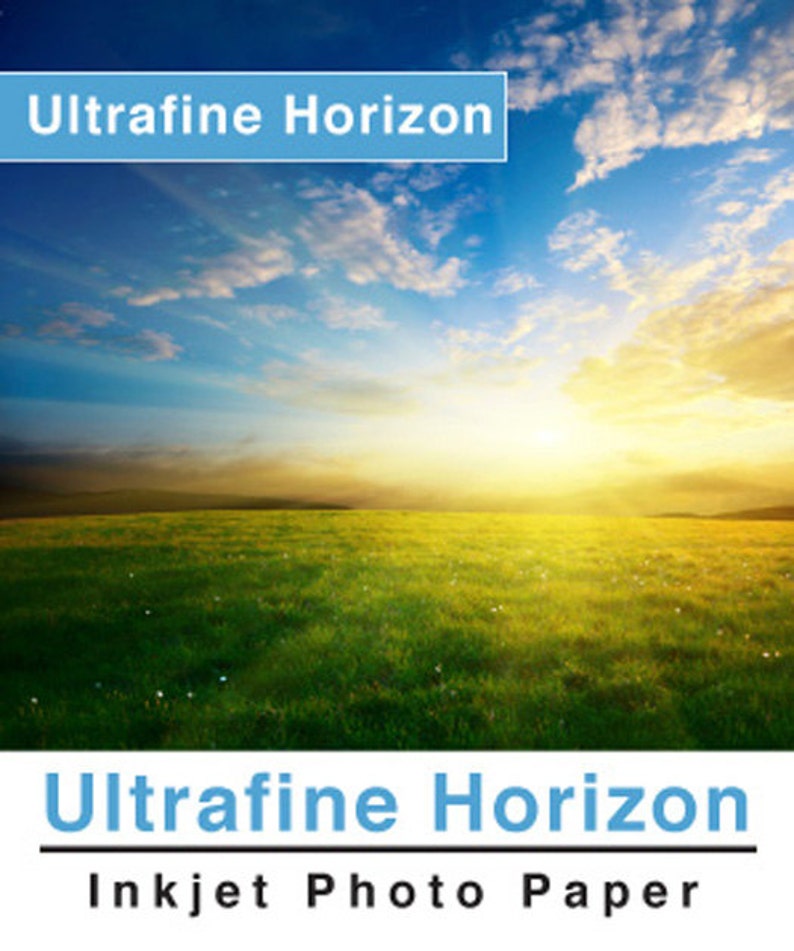 May include: A vibrant landscape image featuring a bright blue sky with fluffy white clouds, a golden sunset, and a lush green field. The text "Ultrafine Horizon" is displayed in a blue rectangle, with "Inkjet Photo Paper" below.