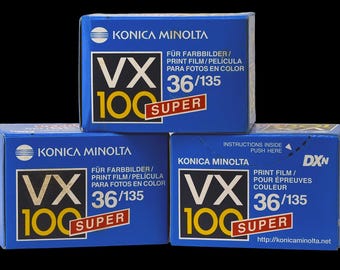 Filme fotográfico colorido Konica Minolta VX 100 vintage (3 rolos, vencido, armazenado em câmara fria)