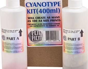 May include: A cyanotype kit with two white plastic bottles labeled 'Part A' and 'Part B', and a cardboard box. The kit includes instructions to create up to 100 A4 size prints. The bottles contain 400ml of liquid.