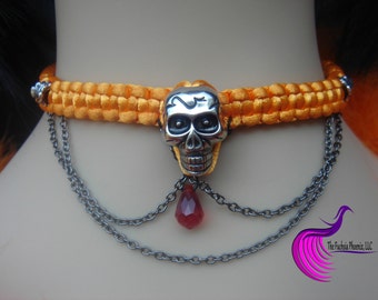 Silver Skull Choker in orange, with or without chain.
