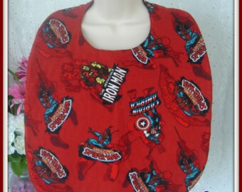 Captain America, Iron Man and Spiderman printed on red flannel backed with black diamond quiliting make this bib perfect for your own hero!