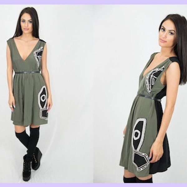 Vintage brown 70’s dress L bead & applique