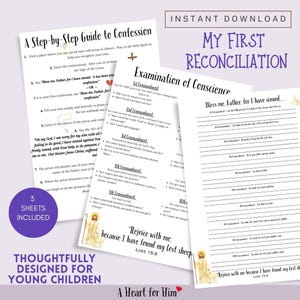 May include: Three printable sheets for a child's first reconciliation, including guides to confession and an examination of conscience. The sheets are in purple and white, with text that reads "Instant Download" and "My First Reconciliation."