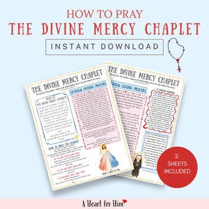 Puede incluir: Dos hojas imprimibles con instrucciones sobre cómo rezar la Coronilla de la Divina Misericordia. Las hojas son blancas con texto rojo y azul, e incluyen ilustraciones de figuras religiosas. El título "How to Pray the Divine Mercy Chaplet" está en la parte superior.