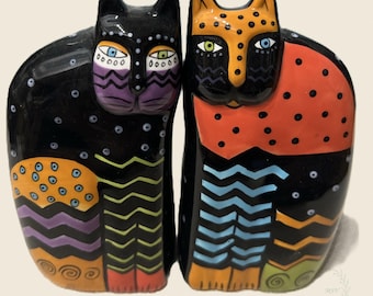 Salero y pimentero con forma de gato, estilo Laurel Burch, años 90, par colorido