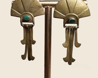 Studio Brass Malachite Post Dangle Earrings Vintage Modernist