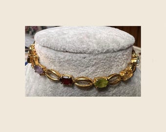 Vermeil Multi-Gemstone Link Bracelet 7.75 in Gold Over Sterling