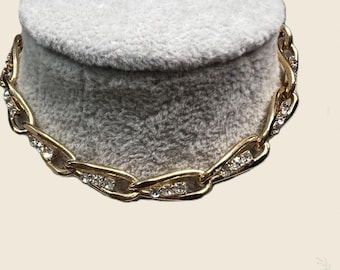 Bracelet Gold Tone Crystal Link Vintage 8 in Elongated Links