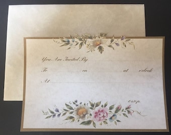 Invitaciones vintage con sobres, diseño floral con borde dorado, de Inglaterra.