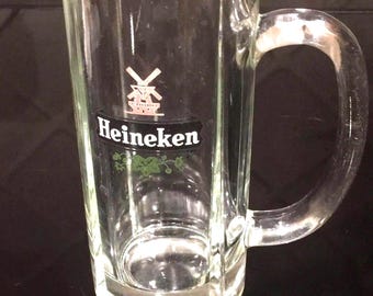 Heineken Clear Glass Beer Mug Stein Heavy Tall Windmill Amsterdam Holland 1970s