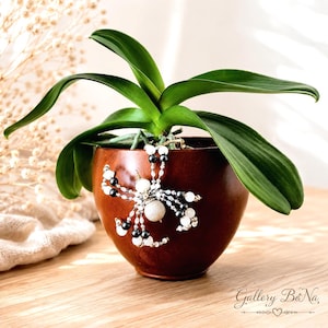 Pode incluir: Um vaso de madeira castanho-escuro contendo uma orquídea verde. Fixado na parte frontal do vaso, encontra-se um ornamento decorativo em forma de aranha feito de contas brancas, pretas e prateadas metálicas, com um corpo de conta branca texturizada.