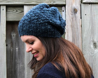 Knitting pattern, Hat knit pattern, Slouchy knit hat, Moody Blue hand-Knit hat, Easy knitting pattern, Easy textured knit hat pattern, PDF