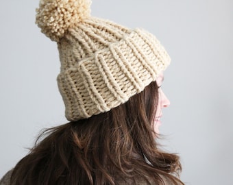 Hand-Knit Acrylic Pom Pom Beanie: Chunky Winter Hat