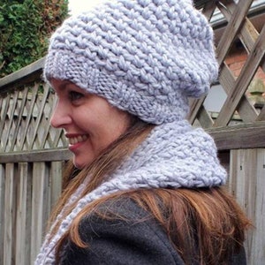 Knit hat, soft grey knitted beanie, hand knit slouch hat, knit beanie hat, slouchy beanie toque, adult size, cozy softness