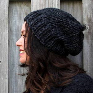 UNISEX KNIT HAT, slouchy winter hat, charcoal grey hat, lambs wool knitted hat, Knit Slouchy Hat, chunky knit hat, womens/mens hat