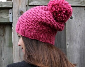 Knit hat, Knit pom pom hat, winter hat with pom pom, Chunky knit hat, Pink knitted hat, knit beanie hat, lambs wool blend, soft and cozy