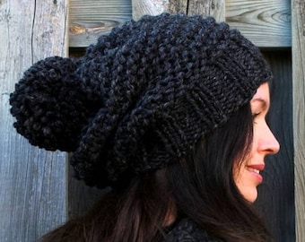 Knit hat, pom pom knit hat, hand-knit hat, chunky winter hat, unisex hat, knitted hat, Knit Slouchy Hat, chunky knit hat, womens/mens hat