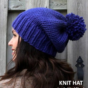 Knit hat, pom pom knit hat, winter hat, cobalt blue hat, unisex hat, knitted hat, Knit slouchy hat, chunky knit hat, womens/mens hat