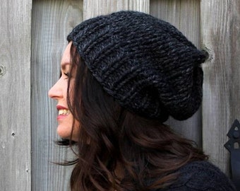 Knit hat, slouchy winter hat, charcoal grey hat, unisex hat, lambs wool knitted hat,  Knit Slouchy Hat, chunky knit hat, womens/mens hat