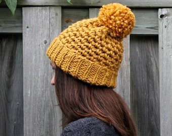 Rolled rim knit beanie, pom pom knit hat, knit beanie hat, winter knit hat, Handmade for you hat, chunky knit hat, ski hat, cozy soft hat