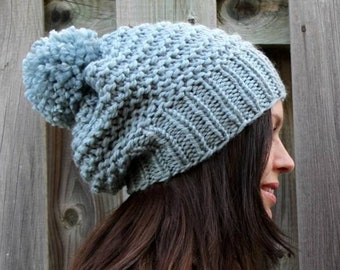 Chunky knit hat, pom pom knit hat, Knit winter hat, knit beanie, COZY WOODS HAT, chunky knit slouch beanie, pom pom hat