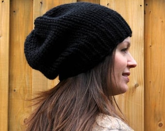 Hand-knit hat, slouchy winter hat, black knitted hat, unisex hat, lambs wool knitted hat, Knit Slouchy Hat, chunky knit hat, womens/mens hat