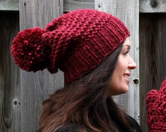 Chunky knit hat, pom pom knit hat, Knit winter hat, Hand-knit beanie, COZY WOODS HAT