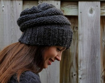 Chunky Knit Hat, THE ELORA HAT, Charcoal Grey knitted beanie hat, hand-knit winter hats, knit wool beanie hat, slouchy knit beanie, unisex