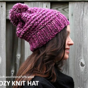 Chunky knit hat, pom pom knit hat, COZY WOODS HAT, Knit winter hat, knit beanie, chunky knit slouch beanie, wool hat
