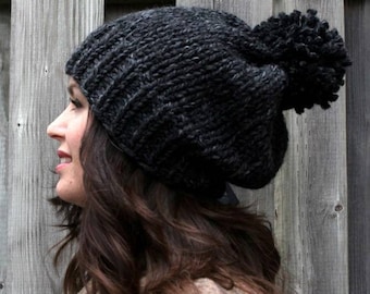 Pom pom knit hat, beanie hat, Knit Pom Pom hat, Toque, Slouchy Ski Hat, Chunky Knit Pom Pom Beanie, knitted toque,