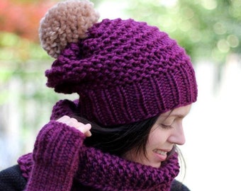 Chunky knit hat, pom pom knit hat, COZY WOODS HAT, Knit winter hat, knit beanie, chunky knit slouch beanie, wool hat, pom pom hat,