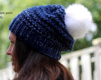 Knit hat with faux fur pom pom, Chunky knit hat, winter hat with Faux fur pompom, Knit Fur Pom Pom Hat, wool Knitted Hat, pom pom beanie