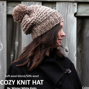 Chunky knit hat, pom pom knit hat, COZY WOODS HAT, Knit winter hat, knit beanie, chunky knit slouch beanie, wool hat
