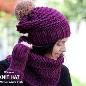 Chunky knit hat, pom pom knit hat, COZY WOODS HAT, Knit winter hat, knit beanie, chunky knit slouch beanie, wool hat, pom pom hat,