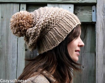 Chunky knit hat, pom pom knit hat, COZY WOODS HAT, Knit winter hat, knit beanie, chunky knit slouch beanie, wool hat