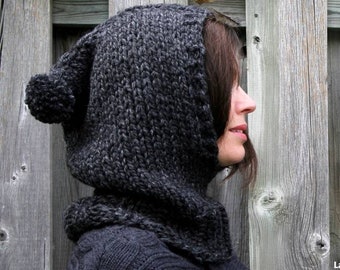 Knit hood, winter hood, knit cowl hood, winter hood scarf, hood hat, knit hood, chunky knitted hood, cozy knit hood, pixie hood