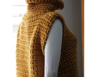 May include: A mustard yellow sleeveless crochet sweater with a high turtleneck collar. The garment features a thick, textured yarn construction and a cropped silhouette. The text "Winter White Knits Crochet pattern" is visible in the upper right corner.