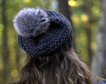 Knit hat with faux fur pom pom, Chunky knit hat, winter hat with Faux fur pompom, Knit Fur Pom Pom Hat, Women's Knitted Hat, pom pom beanie