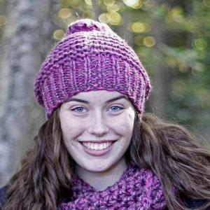 Chunky knit hat, pom pom knit hat, COZY WOODS HAT, Knit winter hat, knit beanie, chunky knit slouch beanie, wool hat