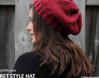 Hand Knit Wool Blend Slouchy Beret: Chunky Knit Tam