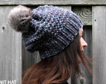Knit hat with faux fur pom pom, Chunky knit hat, winter hat with Faux fur pompom, Knit Fur Pom Pom Hat, wool Knitted Hat, pom pom beanie