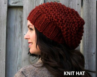 SLOUCHY KNIT HAT, knit winter hat, warm & spicy orange hat, unisex hat, lambs wool knitted hat, beanie hat, chunky knit hat, womens/mens hat