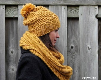 Chapeau d’hiver tricoté, chapeau de bonnet pom pom, chapeau tricoté à la main, chapeau jaune moutarde, 32 couleurs disponibles, bonnet en tricot ample, taille adulte, chapeau doux et confortable