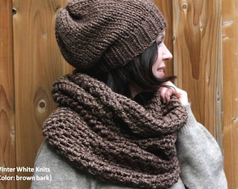 Soft knit cowl, Chunky cowl, large cowl, Tube scarf,  Knit snood, Winter hood cowl, hand-knit cowl,  brown infinity scarf - COZY CABIN COWL