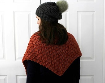 Acrylic knit triangle scarf, Hand-knit shawl, textured hand-knit shawl, no wool shawl, wool free knit scarf, chunky knit triangle wrap scarf
