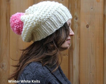 Chunky Knit Pom Pom Beanie: Wool Blend Winter Hat