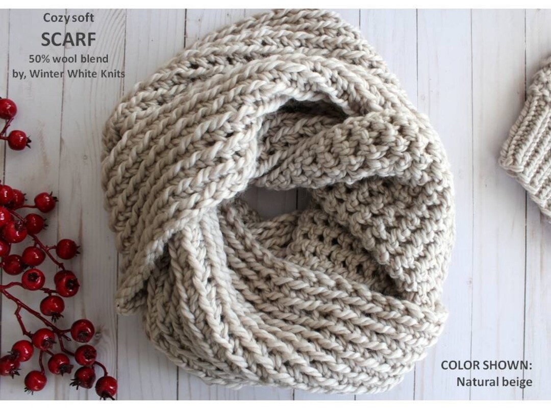 Natural Beige Winter Scarf, Chunky Knit Scarf, Knit Infinity Scarf ...